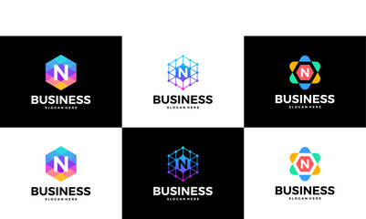 Set of abstract letter N logo design template. Geometric modern business logo collection.