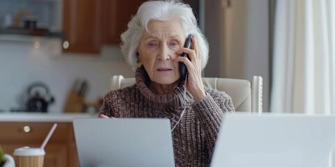 Old woman with high pension making phone call in front of laptop at home, communication concept, wire transfer fraud, fraud, mature successful lady working from home, businesswoman holding meeting via