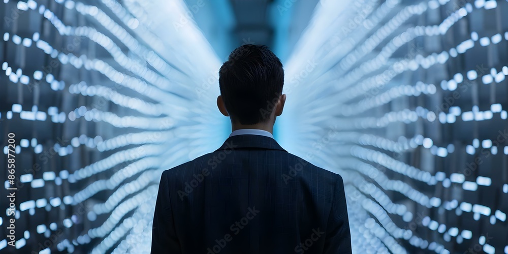 Poster a tech businessman showcases virtual graphic internet connections using ai in a futuristic setting. 