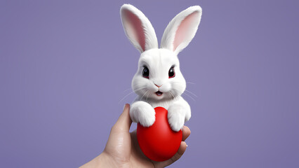 Obraz premium Person gripping red egg featuring white rabbit