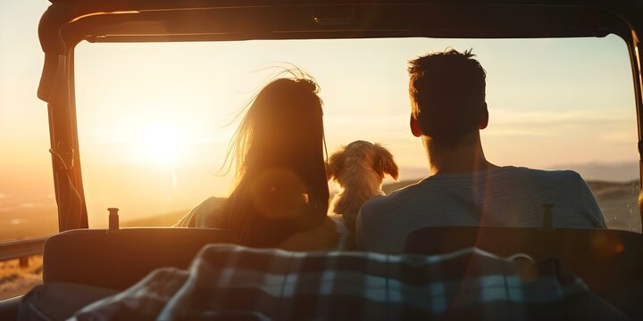 A couple with a dog in a car on a road trip. Concept Road Trip Adventures, Couple Goals, Pet Travel Buddies, Cozy Car Rides, Outdoor Excursions