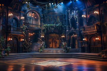 Fototapeta premium A dramatic theater stage set, with elaborate props and lighting creating a captivating and immersive environment for a live performance