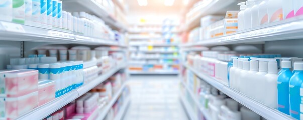Pharmacy store shelves filled with various health and beauty products. Brightly lit, organized, and clean retail environment.