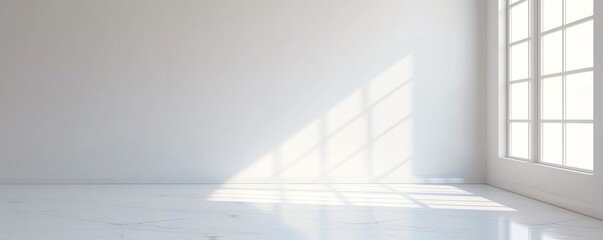 Obraz premium Sunlight streaming into an empty white room through large windows, creating a serene and minimalist atmosphere with bright and open space.