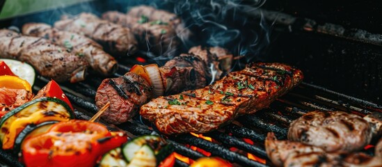 Mixed tasty grilled meat and vegetables on the grill