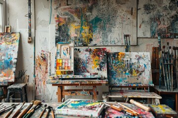 Fototapeta premium An artist's studio filled with canvases, paintbrushes, and splashes of color, capturing the creative chaos and inspiration of the artistic process