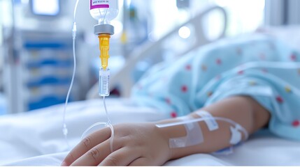 Close-up of a child's hand with an IV drip in a hospital, highlighting medical care and recovery in a clinical setting.
