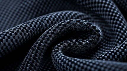 Close-up of black textured fabric in a wavy pattern, highlighting its intricate weave and soft folds. Ideal for backgrounds and textile design.