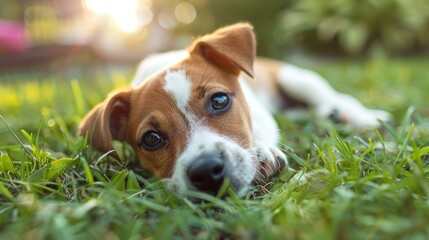 Joyful young Jack Russell pup rests on the lawn