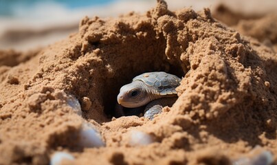 Obraz premium Miracle of Life: Close-up Hatching of Sea Turtle Egg with Baby Flipper Emerging in Realistic Detail on Sandy Background