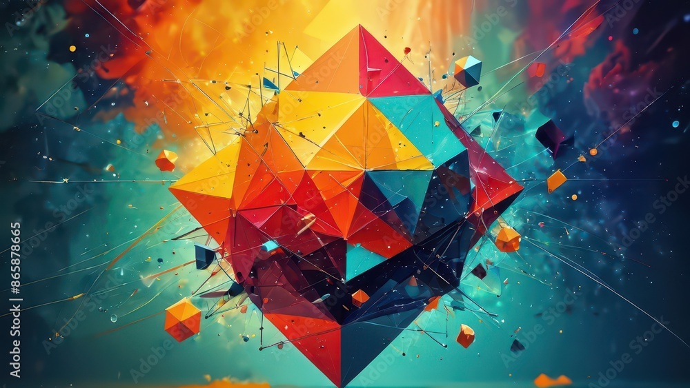 Poster abstract geometric shape with exploding colors.
