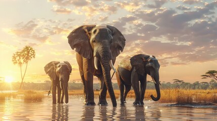 Obraz premium African Elephants Walking Through a Shallow Water at Sunset