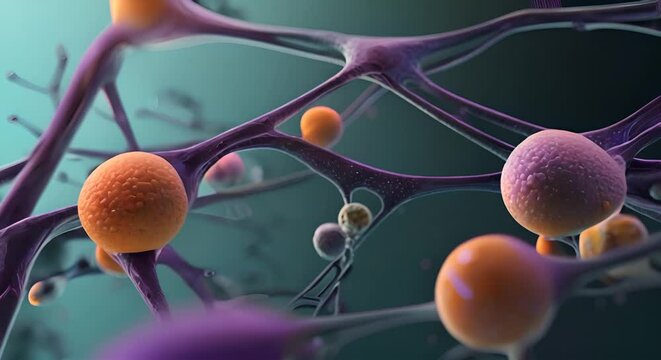 A close up of a bunch of small balls, some of which are purple and some are orange. The balls are arranged in a web-like pattern, with some of them overlapping each other