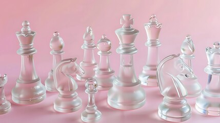 Group of clear glass chess pieces pink background