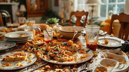Naklejka premium Bits of food and dirty dishes on a family dinner table, dirty table, messy