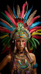 Obraz premium Young woman at a carnival in Brazil Beautiful Latin American woman wearing an intricate headdress made of colorful feathers 