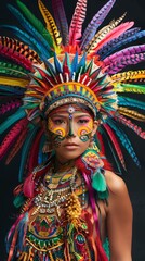 Obraz premium Young woman at a carnival in Brazil Beautiful Latin American woman wearing an intricate headdress made of colorful feathers 