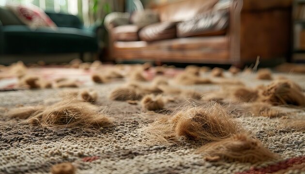 Clumps of pet hair scattered on a carpet, dirty floor, unclean