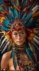 Young woman at a carnival in Brazil Beautiful Latin American woman wearing an intricate headdress made of colorful feathers 