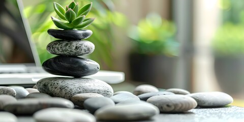 Encourage Work-Life Balance for Office Laptop Users with Wellness Initiatives and Workshops. Concept Workplace Wellness, Work-Life Balance, Office Laptop Users, Wellness Initiatives, Workshop Topics