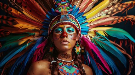 Young woman at a carnival in Brazil Beautiful Latin American woman wearing an intricate headdress made of colorful feathers 
