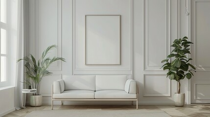 Minimalist Living Room with White Sofa and Plants