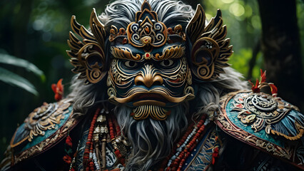 Fototapeta premium The Barong, a mythical creature from Balinese mythology, is covered with elaborate patterns and protective symbols