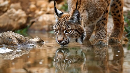 Fototapeta premium Iberian lynx drinking water lynx pardinus, wild cat endemic
