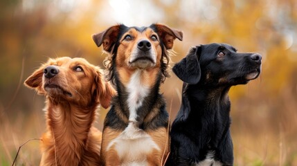 Three adorable dogs listening attentively and looking ahead for a horizontal banner