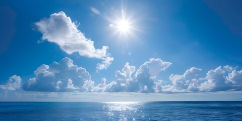 Obraz premium Capturing the Sun Over the Ocean A Stunning Depiction of the Water Cycle and Clouds. Concept Ocean Views, Natural Beauty, Sky Patterns, Weather Phenomena, Heavenly Sunsets