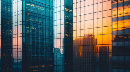 Modern glass skyscrapers reflecting a vibrant sunset, creating a stunning urban landscape with a mix of warm and cool tones.