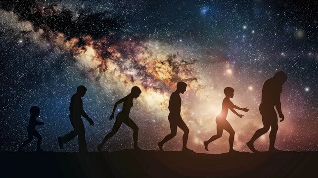 Human Evolution Silhouettes Against a Starry Sky
