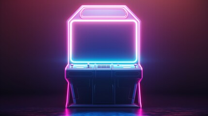 Retro arcade game cabinet with neon lights in a dark room.