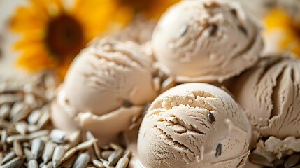 Ice cream with halva and sunflower seeds close up