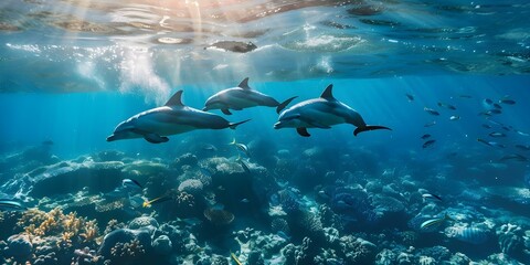 Naklejka premium Dolphins swimming near coral reef with school of fish in blue sea. Concept Underwater Wildlife, Marine Ecosystem, Dolphin Behavior, Coral Reef Conservation, Aquatic Biodiversity