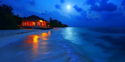 Fototapeta premium Serene Maldives villa with moonlit waves creating peaceful atmosphere on tranquil shore. Concept Travel, Maldives, Villa, Moonlit, Serene