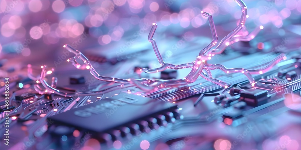 Poster abstract digital art combining tree branches with electronic circuit board in neon colors. concept a