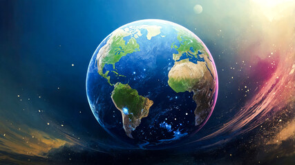 Fototapeta premium Transparent globe of Earth planet from blue glowing particulars on blue background