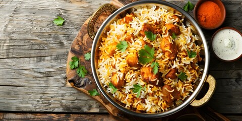 Spicy Indian butter chicken biryani in dish on wooden board. Concept Indian Cuisine, Butter Chicken Biryani, Spicy Dish, Food Photography, Wooden Board