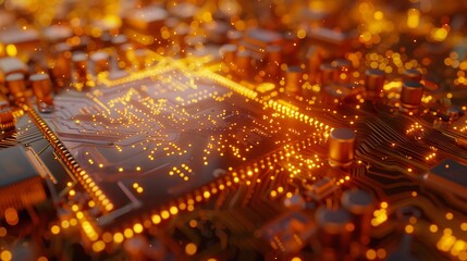 Macro view of cpu pins and circuit mother board golden and orange