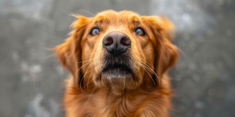 Obraz premium Closeup portrait of a joyful golden retriever scratching its nose outdoors. Concept Pet Photography, Outdoor Portraits, Joyful Moments, Animal Expressions, Close-up Shots