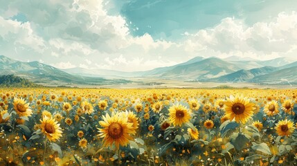 Obraz premium Watercolor painting of a field of sunflowers under a clear sky, copy space banner, vintage background 