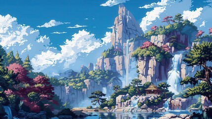 Fototapeta premium 39 Pixelated digital environments flat design side view anime theme water color Triadic Color Scheme