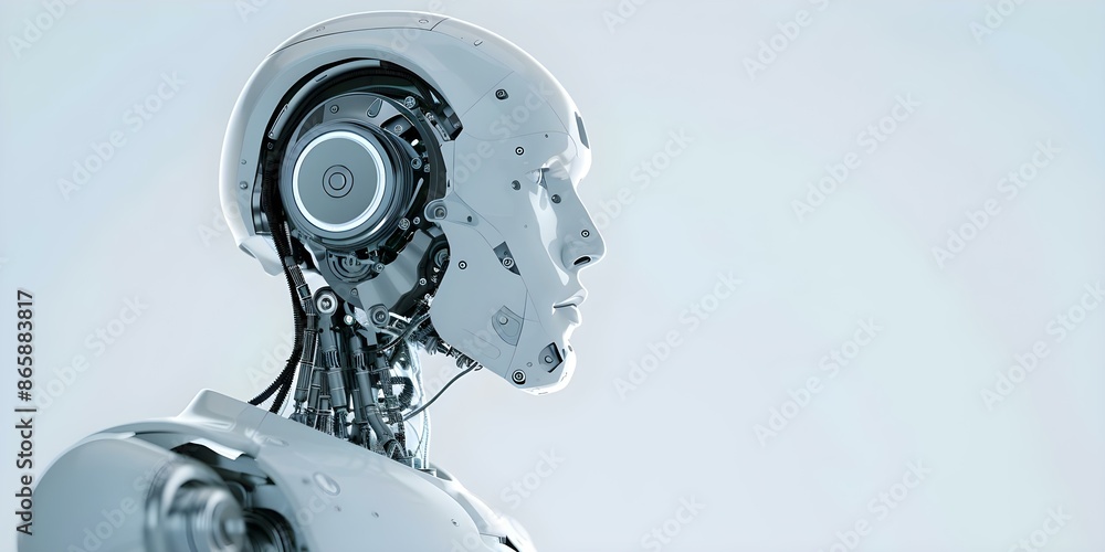 Poster robot explores advanced technology in digital world pondering future implications and possibilities.