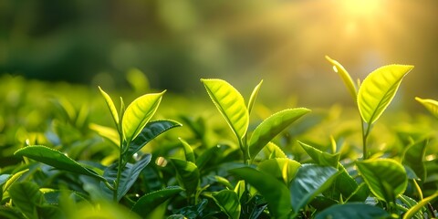 Obraz premium Green tea leaves on plantation in morning sunlight. Concept Nature, Green Tea, Plantation, Morning Sunlight, Agriculture