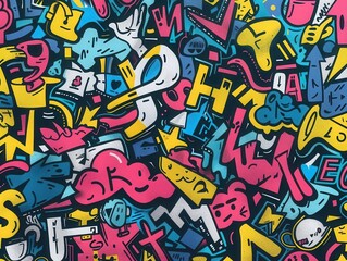 Obraz premium 28 Graffiti motifs flat design top view urban anarchy theme cartoon drawing Complementary Color Scheme