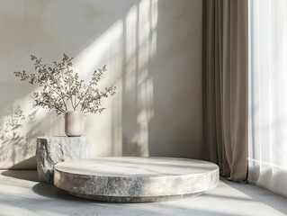 Sophisticated gray monochrome mockup with a round granite pedestal, light background and minimalist appeal