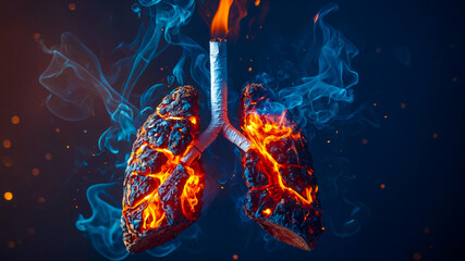 damage human lungs, where trachea is cigarette, the right and left lungs are in form of burning ash