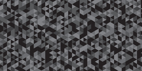 Abstract geometric black and gray background seamless mosaic and low polygon triangle texture wallpaper. Triangle shape retro wall grid pattern geometric ornament tile vector square element.