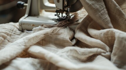 Close up of sewing machine with linen fabric and thread copy space for business hobby zero waste concept